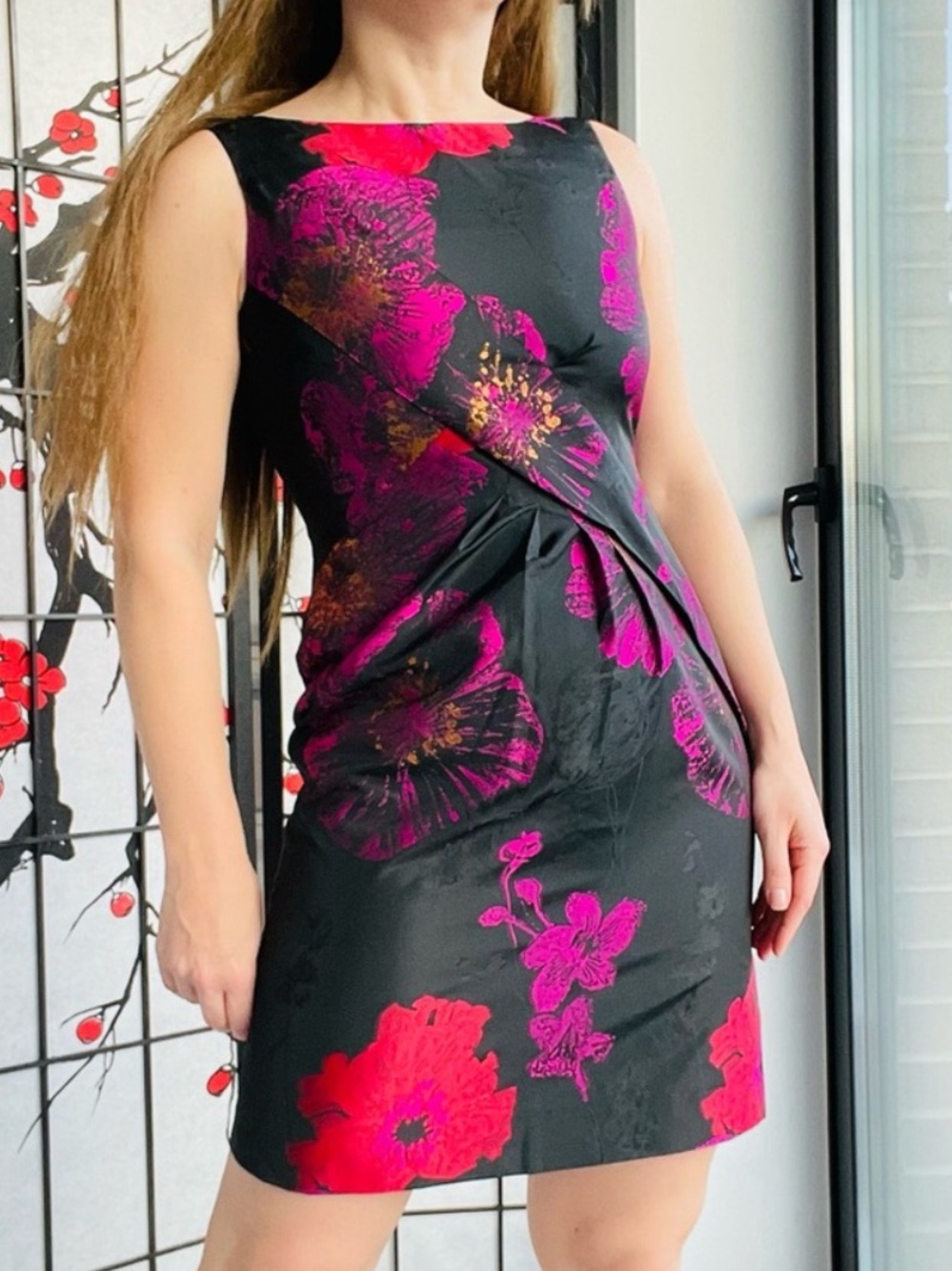 Tahari Black Pink Sleeveless Floral Sheath Dress
